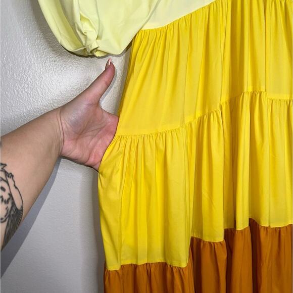 Staud Meadow Color Block Maxi Dress Puff Sleeves Yellow Orange Size XS V-Neck - Picture 6 of 11